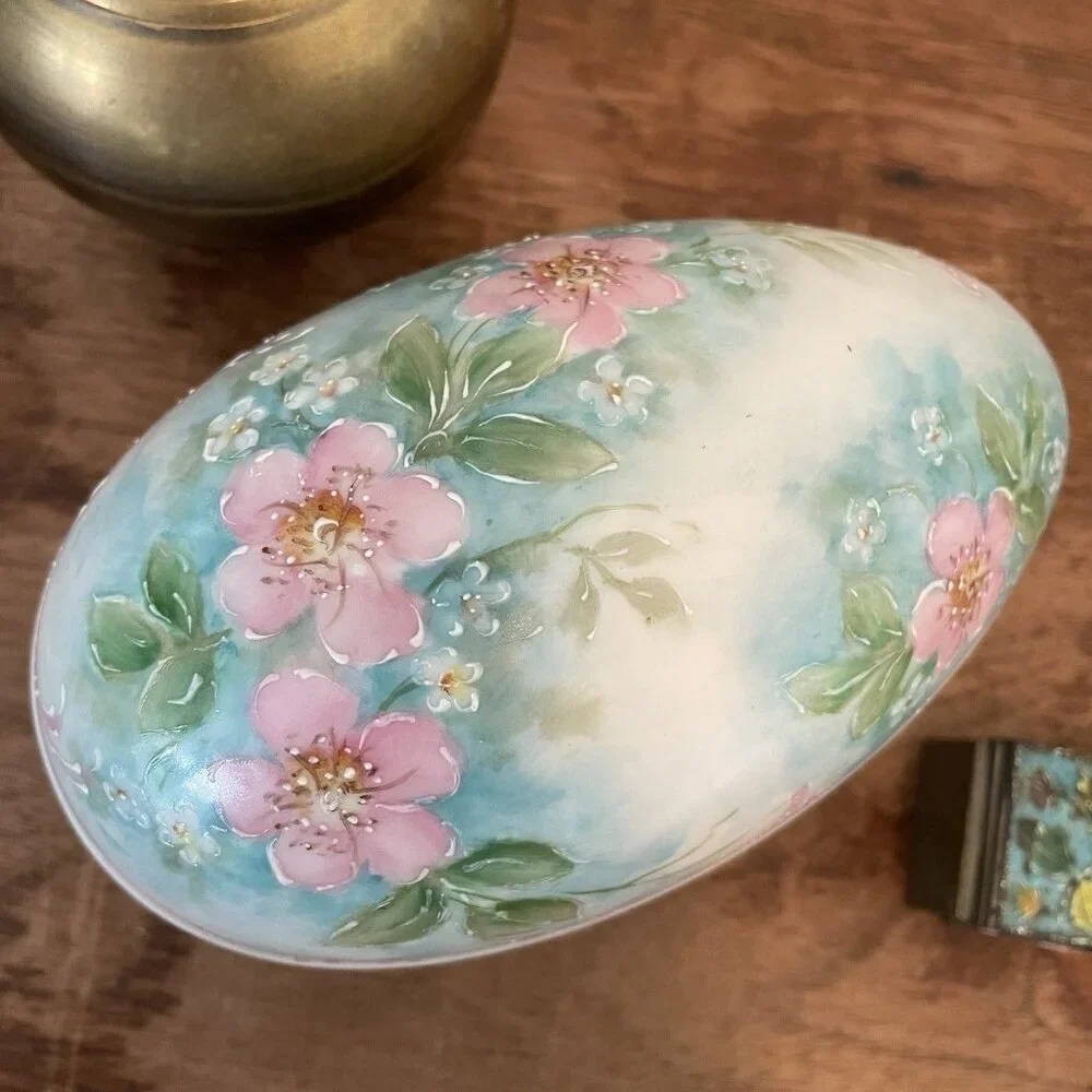 Vintage Porcelain Egg Trinket Box Hand Painted Floral Cottagecore Dresser Decor